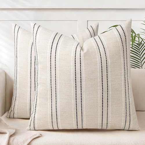 AELS 24x24 Decorative Farmhouse Linen Throw Pillow Covers, Boho Textured Pillow Case, Set of 2, Beige with White & Black Stitch Yarn Dyed Stripe Cushion Cover for Sofa Couch Living Room (Cover ONLY) - color: Beige With White & Black, size: 24" x 24" (Pack
