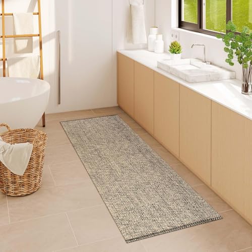 LEEVAN Washable Runner Rug 2'x6', Natural Woven Hallway Runner Rug Reversible Bathroom Runners Rugs, Cotton Low Profile Entryway Rugs, Farmhouse Bedroom Modern Kitchen Runenrs Carpet - color: Natural/Black, size: 2' x 6' (Rectangular)