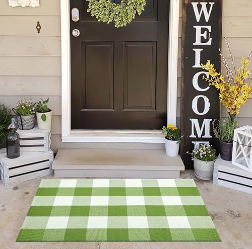Green and White Front Door Mat 24"x35",Buffalo Plaid Front Porch Rug Cotton Woven Machine Washable Reversible Farmhouse Layered Doormat for Patio,Entryway,Bedroom,Bathroom - color: Green White, size: 2' x 2'11" (Rectangular)