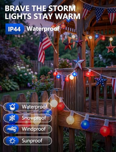 SUNSGNE Red White Blue 4th of July Patriotic Decorative Lights 50FT Outdoor String Lights with 27 G40 LED Bulbs(2 Spare) for Outdoor Indoor Holiday, Party, Independence Day Decor - color: Frosted Red White Blue, size: 50FT