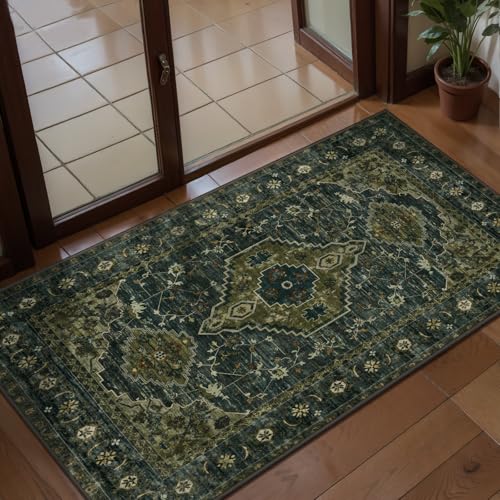 2x4 Washable Kitchen Rug Oriental Non Slip Small Rug for Entryway Vintage Front Door Mat Indoor Entrance, Print Throw Rugs Olive Green, Soft Low Pile Rugs Small Carpet for Entry Bedroom Bathroom - color: Dark Blue/Green, size: 2' X 4' (Runner)