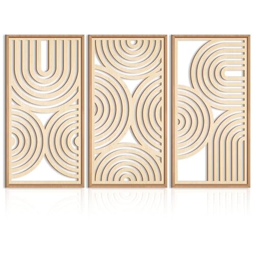 IARTTOP Large Boho Wood Wall Art Set of 3 Framed Wooden Mid-century Modern Wall Decor Minimalist Modern Abstract Geometric Decor for Living Room Bedroom Office-16x32 Inch - color: Beige Boho, size: 16 x 32 inches