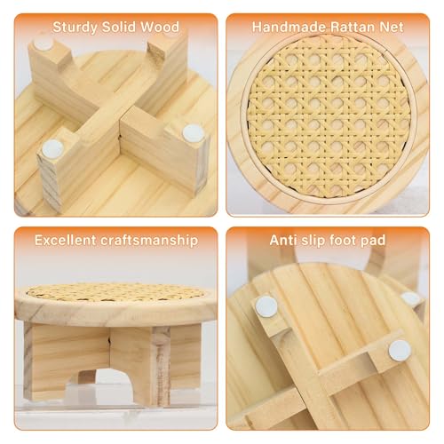 Small Plant Stand Set - 5" & 6" Display Shelf with Rattan Decor, Rustic Wooden Riser for Indoor Plants, Home Office Desk, Window Sill Decor
