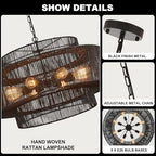 30" Large Black Rattan Chandelier, 8-Light Hand-Woven 3-Tier Drum Wicker Boho Farmhouse Light Fixture, Retro Pendant for Dining Room Kitchen Island Bedroom Living Room Foyer - color: Black 30"
