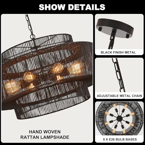 30" Large Black Rattan Chandelier, 8-Light Hand-Woven 3-Tier Drum Wicker Boho Farmhouse Light Fixture, Retro Pendant for Dining Room Kitchen Island Bedroom Living Room Foyer - color: Black 30"