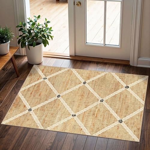 Front Door Mat Indoor - 2x3 Non-Slip Front Door Rug Washable Doormat Indoor Outdoor Entrance Woven-Look Beige Farmhouse Geometric Small Throw Rugs for Entryway Bedroom Kitchen Laundry Room - color: Lattice - Natural Wheat / Ivory, size: 2' x 3' (Rectangul