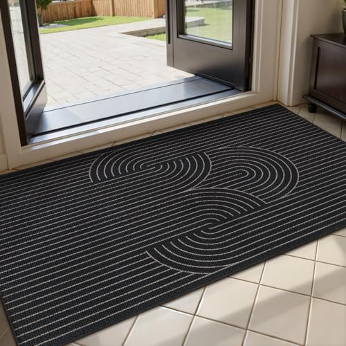 Tangsoo Rainbow Easy Jute Rug 2x4 Small Throw Rugs for Entryway,Washable Ultra Thin Outdoor Door Mat, Black Geometric Non-Slip Indoor Floor Carpet for Entrance Kitchen Hallway Bedroom Front Porch - color: Black Semicircle, size: 2x4ft