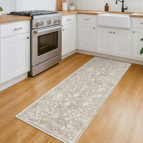 KILOCOCO Hallway Runner 2x5 Kitchen Runner Rug Printed Vintage Floral Washable Non-Slip Runners for Hallways Laundry Room Rugs Distressed Boho Rug for Bedroom, Beige - color: Beige/White, size: 2' x 5' (Runner)