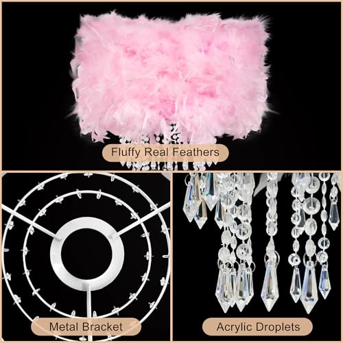 Feather Lamp Shade with Acrylic Beads Droplets, Soft Lampshade for Pendant, Table, Floor & Wall Lighting, Bedroom Wedding Decor, ID 11.8inch, OD 15.7inch, Pink - color: Pink, size: 15.7 inches
