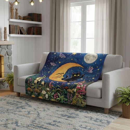 Neasow Black Cat Moon Throw Blanket, Whimsical Colorful Floral Starry Night Wildflower Garden Flannel Blanket, Super Soft for Couch Dorm Sofa Room, Unique Gift for Cat Lovers, 50×60 inch - color: Cat on Moon, size: 60"L x 50"W