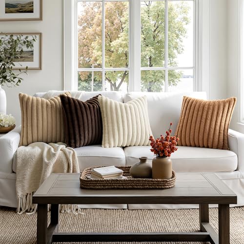 MIULEE Faux Fur Plush Decorative Throw Pillow Covers 20x20 Set of 4, Boho Farmhouse Soft Fuzzy Striped Cushion Covers for Sofa Couch Bed Living Room Vintage Rustic Home Decor,Brown - color: Brown, size: 20" x 20" (Pack of 4)