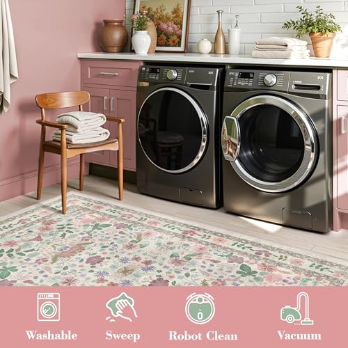 Deerly Vintage Washable Extra Large Area Rug 10x12 for Living Room Floral Rug Soft Low Pile Indoor Carpet for Bedroom Boho Non-Slip Floor Mat for Dining Room Playroom, Beige/Light Pink/Multi - color: Beige/Light Pink/Multi, size: 10' x 12' (Rectangular)