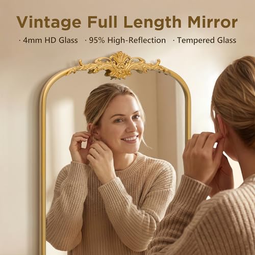 Besdomus Antique Full Length Mirror: 21"x56" French Gleaming Gold Arched Full Body Mirror - Floor Vintage Baroque Traditional Ornate for Entryway/Cloakroom/Bedroom - Home Decor for Interior Designers - color: Gleaming Gold, size: 56"L x 21"W