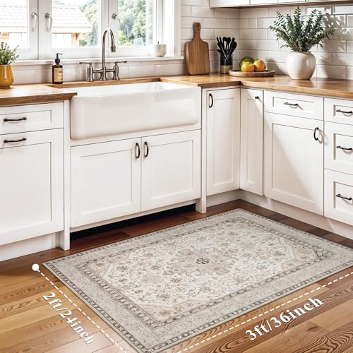 HILORUUG Washable Area Rug 2x3 - Entryway Living Room Large Indoor Rugs Soft Oriental Vintage Bedroom Rugs Non-Slip Backing Stain Resistant for Farmhouse Kitchen-2x3 Ivory - color: Ivory, size: 2' x 3' (Rectangular)
