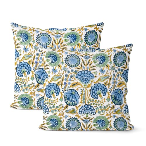 Boho Navy Blue Yellow Pillow Covers 16x16 Inch 2 Pcs Sage Green Vintage Floral Decor Throw Pillows Summer Outdoor Spring Flower Farmhouse Decoration Pillowcase Cushion Cover for Couch Sofa Bed - color: Blue Yellow Green Boho Floral, size: 16" x 16" (Pack