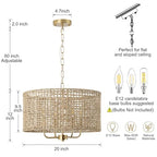 Rattan Drum Chandeliers for Dining Room, 4-Light Bohemian Hand-Woven Farmhouse Pendant Light Dining Room Light Fixture Chandelier for Entryway Living Room Kitchen Stairway Bedroom Hallway(Gold) - color: Gold 4-Light Drum