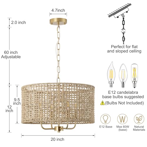 Rattan Drum Chandeliers for Dining Room, 4-Light Bohemian Hand-Woven Farmhouse Pendant Light Dining Room Light Fixture Chandelier for Entryway Living Room Kitchen Stairway Bedroom Hallway(Gold) - color: Gold 4-Light Drum