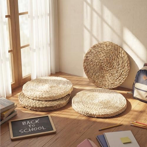 Lineshading 4 Pcs 12 Inch Boho Floor Cushions Classroom Decorations Extra Thick Cattail Grass Corn Double-Layer Flexible Seat Floor Cushions for Classroom Kids Students Learning Daycare School Chair