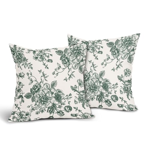 Dark Green and Cream Floral Pillow Covers 18x18 Inch Set of 2 Vintage Floral Throw Pillow Covers Chinoiserie Flower Pillowcases Rustic Farmhouse Cotton Linen Cushion Covers for Couch Bed Sofa Decor - color: Dark Green, size: 18" x 18" (Pack of 2)