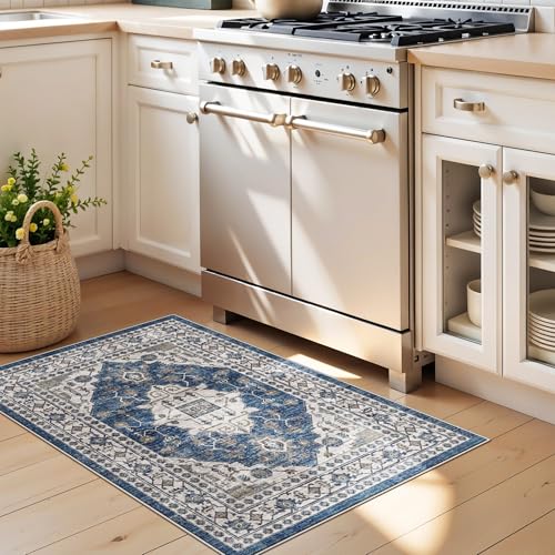 2x3 Washable Vintage Area Rug: Indoor Soft Entryway Rug with Non Slip Backing Water Resistant Carpet for Kitchen Bathroom Laundry Low Pile Door Mat Perfect for Homes with Cats & Dogs(2x3,Blue) - color: Blue, size: 2' x 3' (Rectangular)