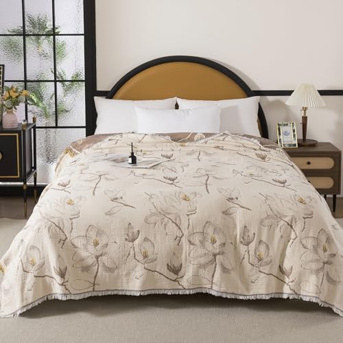 Lemfux 4-Layer 100% Cotton Muslin Cooling Blanket, Boho Floral Gauze Throw with Fringe, Ultra Soft Breathable Lightweight Bedspread Coverlet for Bed Sofa Couch - color: Magnolia Floral, size: 60"x80"