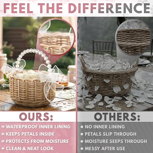 Small Flower Girl Basket Set of 2 - Lightweight Boho Small Wicker Basket with Handle, Pearl Detail, Bows & Waterproof Lining - Summer Wedding, Bridal Shower, Petal Toss, Bridesmaid Gifts & Home Decor - color: Brown Pearl Handle