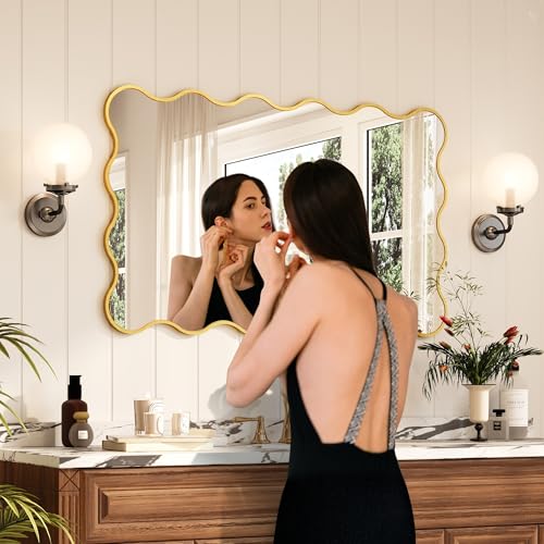 Kelly Miller 30x48 Inch Gold Scalloped Mirror, Large Rectangular Wavy Edge Bathroom Vanity Wall Mirror Decorative for Bedroom Living Room Entryway Fireplace Mantle - size: 48"L x 29.2"W