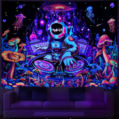 Amhokhui Blacklight Astronaut Tapestry UV Reactive Funny DJ Music Tapestry Trippy Aesthetic Tapestries Galaxy Space Tapestries Flower Wall Hanging Decor for Home - size: 92.5"L x 70.8"W