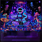 Amhokhui Blacklight Astronaut Tapestry UV Reactive Funny DJ Music Tapestry Trippy Aesthetic Tapestries Galaxy Space Tapestries Flower Wall Hanging Decor for Home - size: 78.7"L x 59.1"W