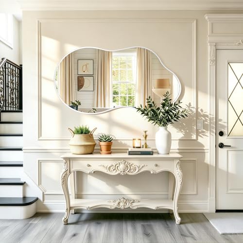 JJUUYOU Mirrors for Wall Metal Framed Decorative Irregular Large Mirrors 22"x40" Asymmetrical for Bathroom Bedroom Living Room Dressing Room Entryway White - color: White, size: 40"L x 22"W