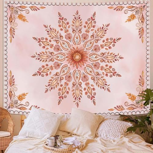 Neasow Mandala Tapestry, Aesthetic Boho Floral Wall Decor, Bohemian Cute Pink Tapestries for Bedroom Living Room, Women Girly Art 44×60 inches - color: Pink, size: 60"L x 44"W