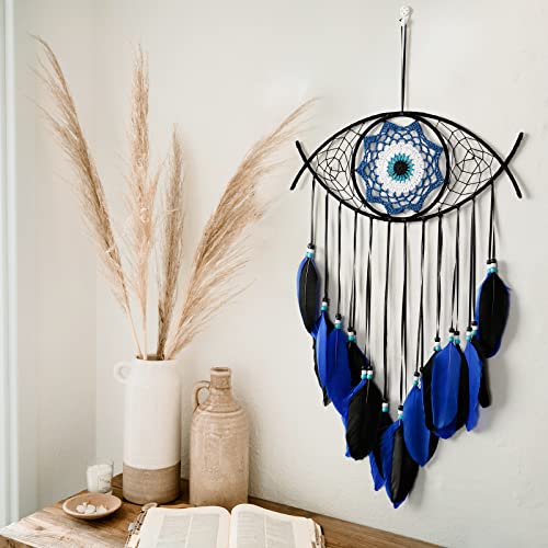 Dremisland Evil Eye Dream Catcher-Blue Black Dream Catchers Handmade Feather Evil Eye Wall Hanging Ornament Home Decor for Bedroom Livingroom Yard, Blessing Craft Gift Bring Good Luck (Blue-Black) - color: Blue-black