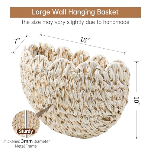 Coeusy Wicker Wall Basket,Scalloped Hanging Wall Basket for Storage and Organizing,Wicker Decorative Storage Baskets for Flower,Magazine,Nursery,Front Door,Bathroom Boho Decor - color: White