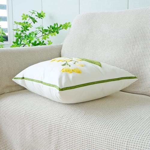 vctops Farmhouse Hibiscus Flowers Cotton Tufted Throw Pillow Cover Spring Floral Embroidery Pillowcase Soft Square Cushion Case for Sofa Couch Bed Chair (Yellow F,18"x18") - color: Yellow F