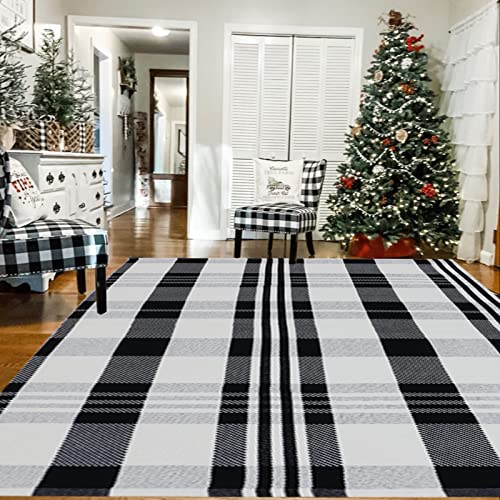 Buffalo Plaid Rug 4' x 6' Black and White Outtdoor Rug Cotton Hand-Woven Checkered Front Welcome Door Mat Indoor/Outdoor Area Rug for Front Porch,Kitchen,Bathroom,Entry Way,Living Room (4' x 6') - color: Black&white Plaid, size: 4' x 6' (Rectangular)