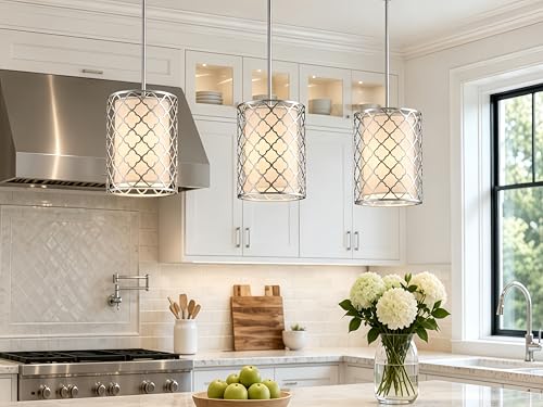 Shrine Lighting Drum Light Fixtures, Perfect Drum Pendant Light for Dining Room, Kitchen, D7'' x H9'', Adjustable Rob 11.8''~23.6'', E26*1 Sockets, Beige Linen Fabric Lampshade & Silver Mesh Cover - color: Silver&Pendant D7''