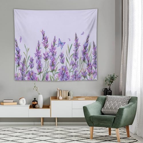 HZOHNAGO Lavender Flower Tapestry Watercolor Purple Floral Butterfly Pattern Printed Wall Tapestry Wall Hanging for Bedroom Living Room Dorm 60" W x 50" H - color: Lavender-10, size: 60"L x 50"W