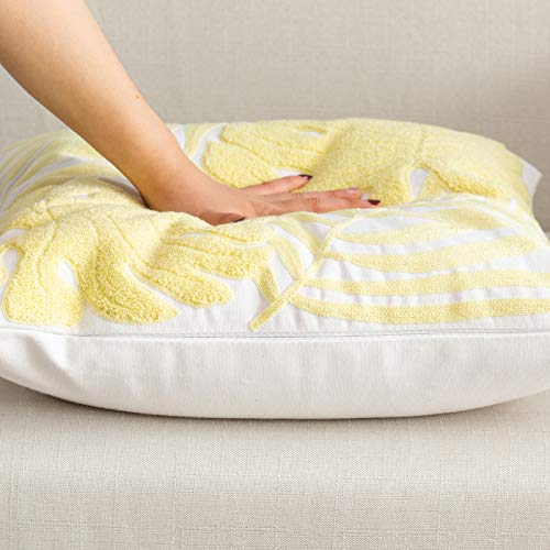 Embroidery Throw Pillow Covers 18x18 Floor Pillow Cover for Couch Bed Room Chair 100% Cotton Loop Embroidered Light Yellow Tropical Leaves Cushion Cover Square Pillow Case 45x45cm, 1 Piece - color: Loop Light Yellow