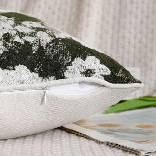 Vintage Floral Throw Pillow Covers 18x18 Set of 2 Neutral Boho Farmhouse Soft Chenille Jacquard Decorative Couch Pillow Covers for Sofa Couch Bed Living Room Home Décor Beige Green - color: Beige Green, size: 18" x 18" (Pack of 2)