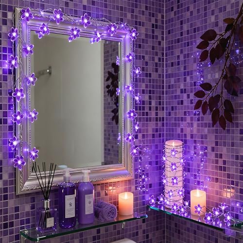 JACUXLSS Decorative Flower String Lights, 33ft 100 LED Clear Wire Plug in Fairy Lavender Cherry Blossom Easter Christmas Hanging Decorations, Violiet Wedding Party Indoor Outdoor Decorations (Purple) - color: Purple