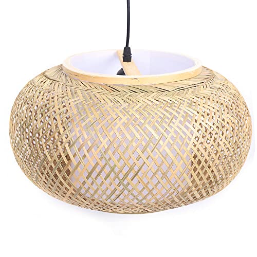 16in Vintage Semi Flush Mount Ceiling Light Fixture Low Profile Caged Bamboo Wicker Lamp Shade Rattan Indoor Pendant Hanging Light Chandelier for Farmhouse Hallway Entryway Porch