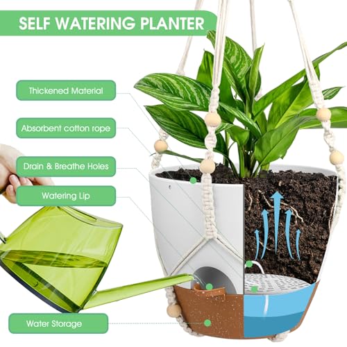 Hanging Planters for Indoor Outdoor Plants, 2 Pack Self Watering Hanging Pot with Drainage Holes, Removable Tray & 2 Kinds of Plant Hangers, 10'' Hanging Flower Pots for Home Garden Decor, White - color: Ivory+black+white, size: 10''