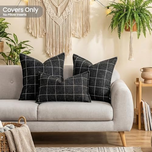 Black and White Plaid 22x22 Pillow Cover, Neutral Throw Pillow Covers 22x22 Set of 2, Modern Farmhouse Buffalo Checkered Decorative Linen Pillow Cover 22 x 22, Black Boho Living Room Decor - color: Black & Beige Plaid Set of 2, size: 22" x 22" (Pack of 2)