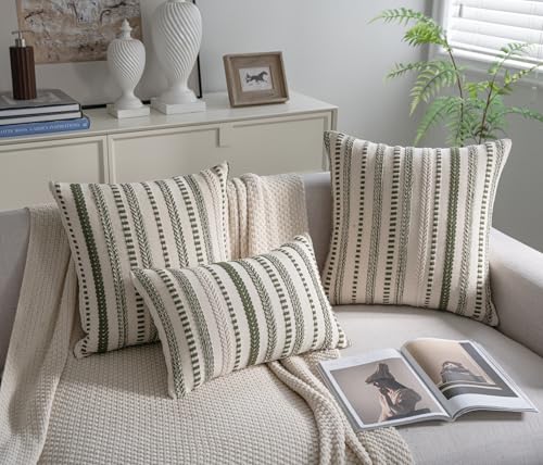 Cethom Green Boho Throw Pillow Covers 18x18 Inch Set of 2, Stripe Textured Decorative Couch Pillow Cases for Bed, Sofa, Living Room, Bedroom, Farmhouse Home Accent Cushion Covers - color: Green, size: 18" x 18" (Pack of 2)