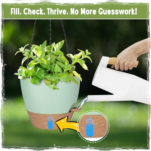 Self-Watering Hanging Planters with Water Level Window, 8/10 Inch Indoor Outdoor Hanging Plant Pots Includes Chain Hangers with Drainage Holes & Detachable Reservoir (Green, 8+10 inch) - color: Green