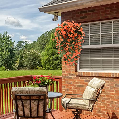 Artificial Fake Hanging Flowers Plants for Outdoor Fall Decoration, 2PCS Faux Silk Violet UV Resistant Look Real Trailing Vines for Outside Home Planter Porch Patio Mums Autumn Decor(Orange) - color: A Orange