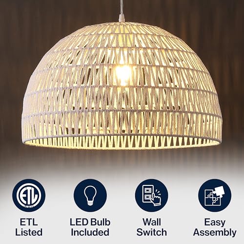 JONATHAN Y 20" White Modern Bohemian Woven Rope LED Pendant Light Fixture, Adjustable Dome Ceiling Lamp for Kitchen Island, Rope Shade, Coastal Farmhouse Decor (JYL6504E) - color: White, size: 20"
