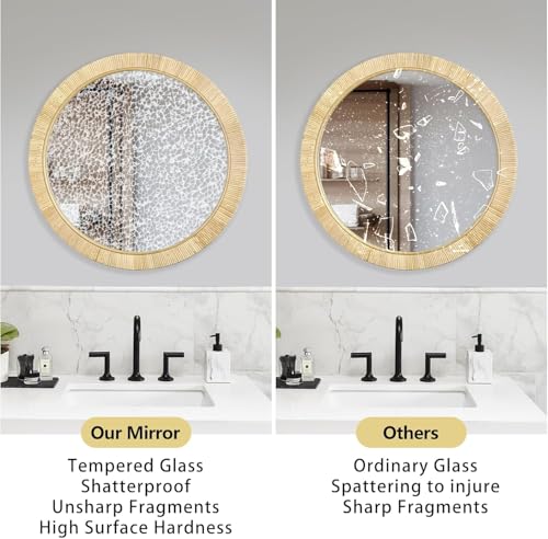 Decorative Rattan Wall Mirror, Boho Bathroom Modern Makeup Mirror, Rustic Wall Bohemia Mirrors for Bedroom, Living Room, Vanity Versatile Farmhouse, Nursery, Bathroom, 24"x24", Round - color: Round, size: 24"L x 24"W