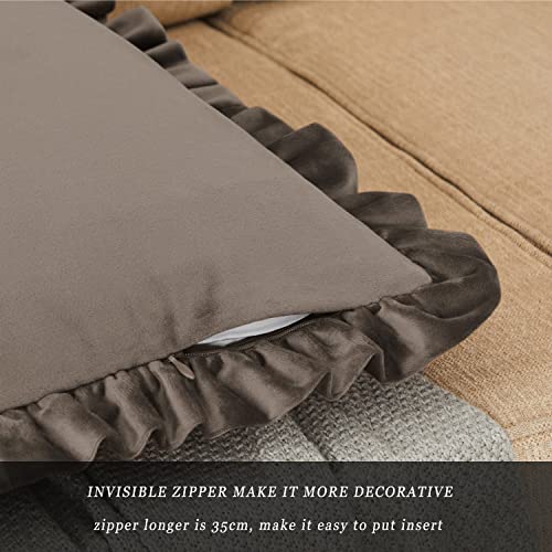 GIGIZAZA Brown Decorative Throw Pillow Covers, 18x18 Velvet Ruffle Cushion Pillow Covers for Sofa Couch Set of 2 - color: Brown, size: 18" x 18" (Pack of 2)