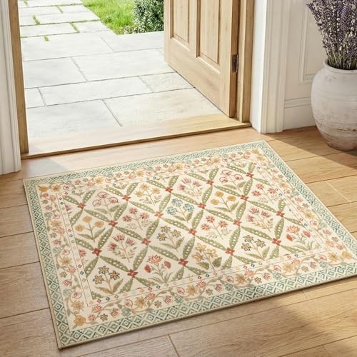 jinchan Haden Entryway Rug 2x3 Vintage Floral Washable Rug for Entrance Soft Non-Slip Low Pile Door Mat for Doorway Kitchen Bathroom Small Carpet Cottage Indoor Decor Teal Blue - color: Teal Blue, size: 2' x 3' (Rectangular)